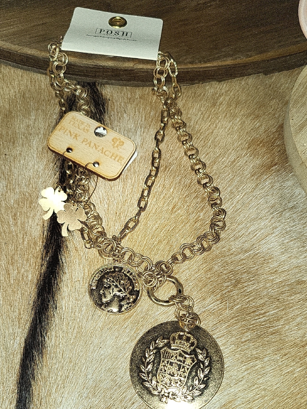 Pink Panache Gold-Tone Coin & Clover Charm Necklace